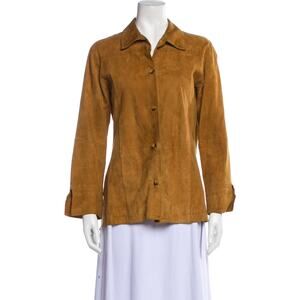 Rizal Suede Leather Long Sleeve Button-up Top Jacket - S - Brown